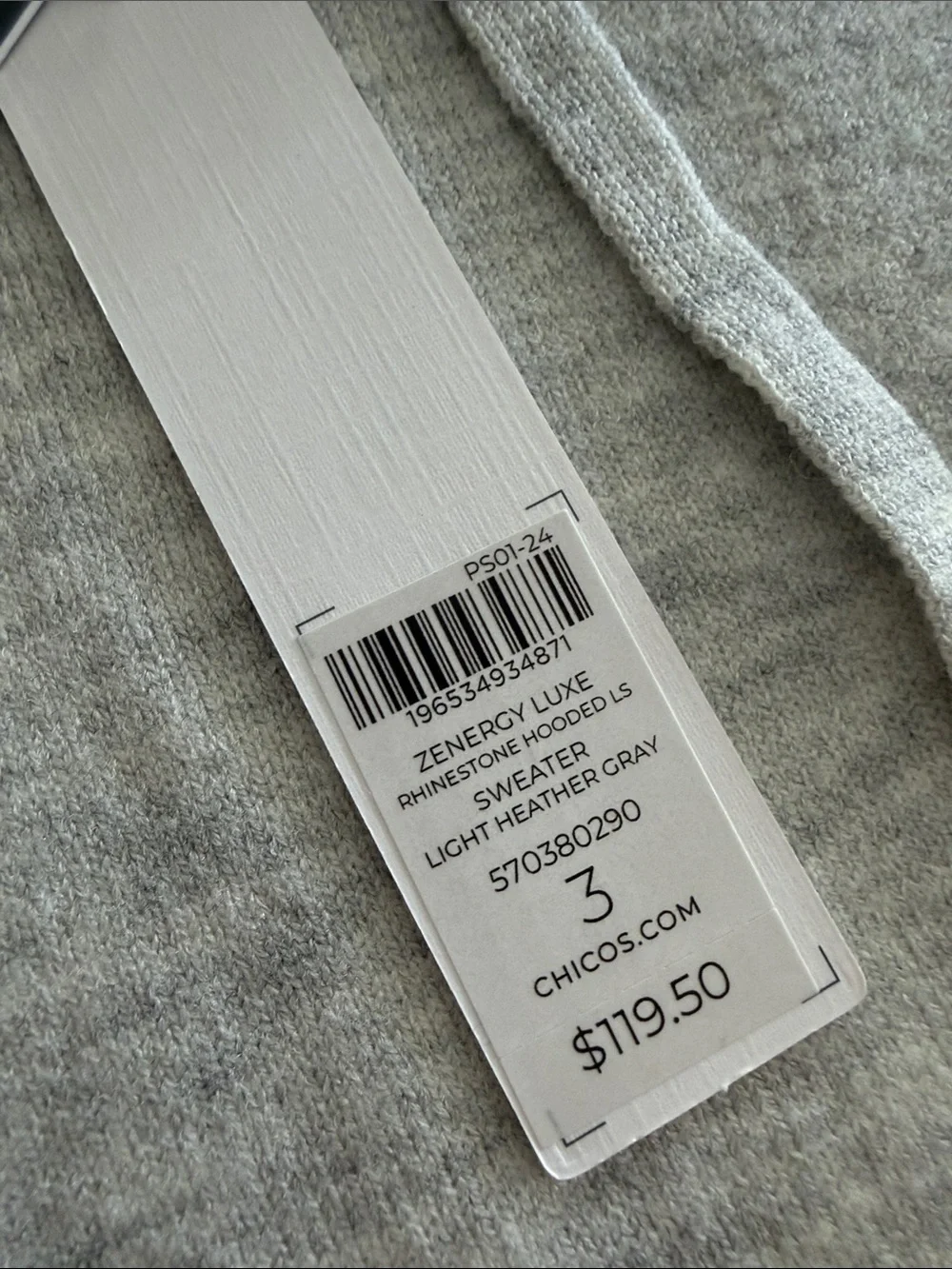 Chico's Light Gray Hoodie with Sparkle Stud Sleeve Detail Zenergy Luxe